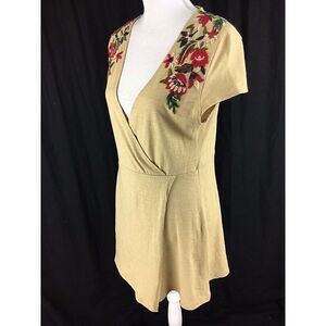 Zara Knit Womens Wrap Fit To Flare Dress S Small Beige‎ Brown Floral Embroidered